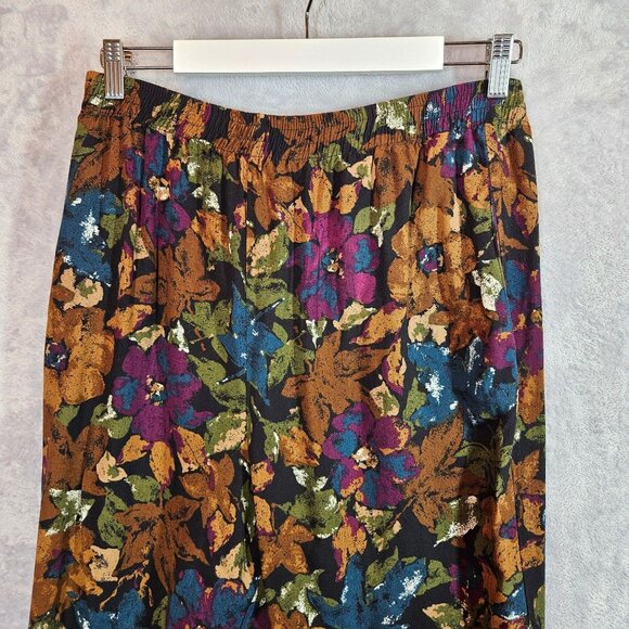 VTG Lerner Womens L Fall Floral Print Pants Rayon Multicolor Elastic Waist Flowy - Picture 10 of 13